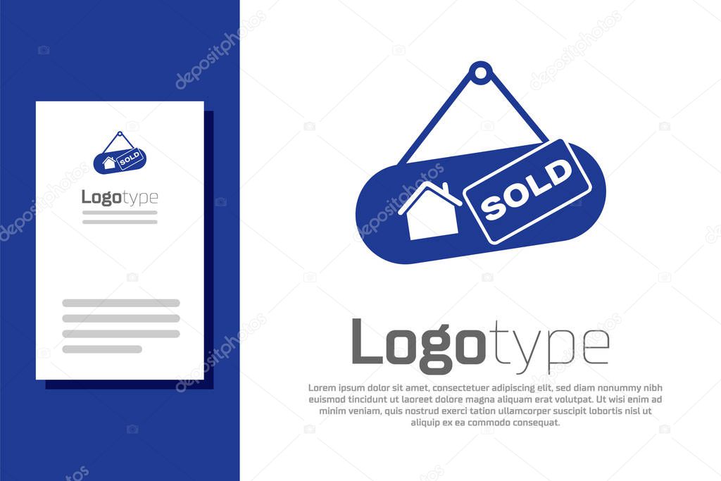 Blue Hanging sign with text Sold icon isolated on white background. Sold sticker. Sold signboard. Logo design template element. Vector Illustration