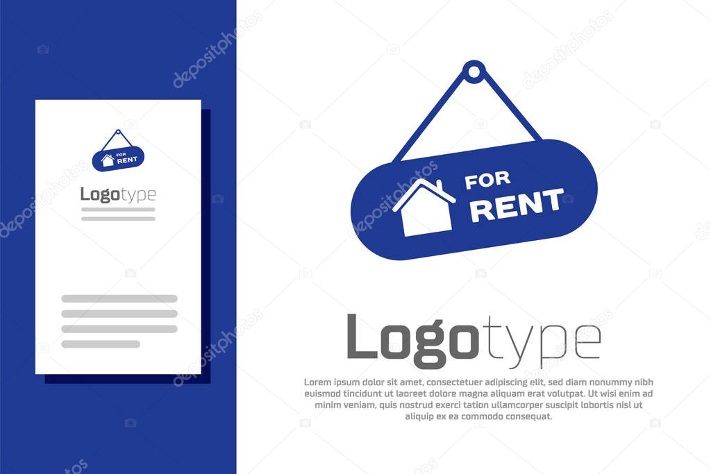Blue Hanging sign with text For Rent icon isolated on white background. Signboard with text For Rent. Logo design template element. Vector Illustration