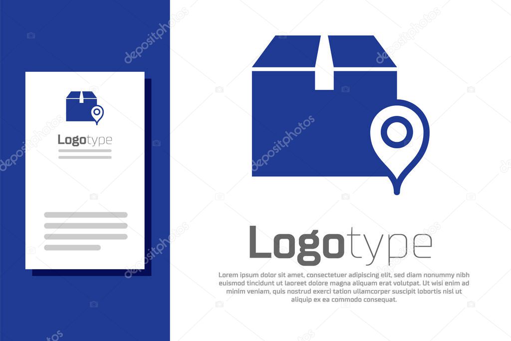 Blue Location with cardboard box icon isolated on white background. Delivery services, logistic and transportation, relocation, distribution. Logo design template element. Vector Illustration