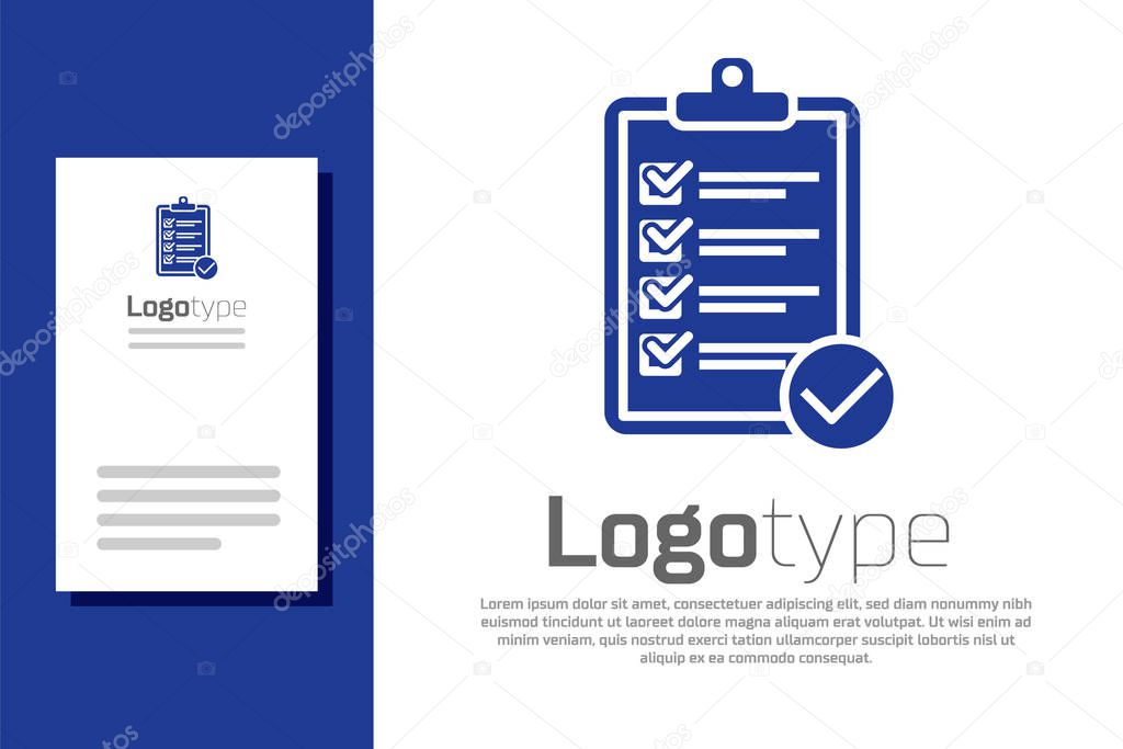 Blue Verification of delivery list clipboard and pen icon isolated on white background. Logo design template element. Vector Illustration