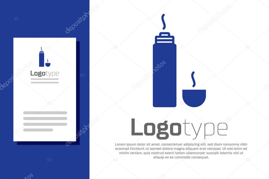 Blue Thermos container icon isolated on white background. Thermo flask icon. Camping and hiking equipment. Logo design template element. Vector Illustration