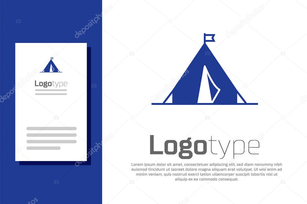 Blue Tourist tent with flag icon isolated on white background. Camping symbol. Logo design template element. Vector Illustration
