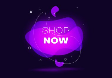 Yazıt Shop ile geometrik afiş şimdi koyu mavi arka plan üzerinde. Akan sıvı şekiller ile gradyan soyut afiş. Akışkan renk afiş. Vektör çizimi