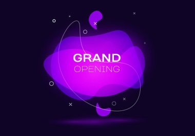 Koyu mavi arka plan üzerinde yazıt Grand açılış ile Geometrik afiş. Akan sıvı şekiller ile gradyan soyut afiş. Akışkan renk afiş. Vektör çizimi