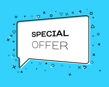 Yazıt ile geometrik afiş sarı arka planda özel teklif. Konuşma balonu, afiş, etiket, fiyat etiketi, rozet, poster için şablon. Vektör Illustration