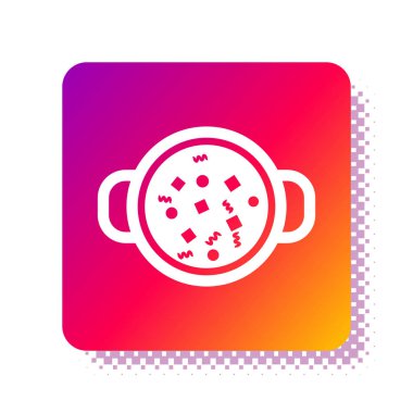 Beyaz arka planda izole edilmiş tencere ikonlu beyaz çorba pişirme çorbası. Haşlama ya da güveç besin sembolü. Kare renk düğmesi. Vektör İllüstrasyonu