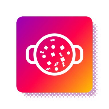 Beyaz arka planda izole edilmiş tencere ikonlu beyaz çorba pişirme çorbası. Haşlama ya da güveç besin sembolü. Kare renk düğmesi. Vektör İllüstrasyonu