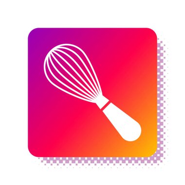 Beyaz Mutfak çırpma simgesi beyaz arkaplanda izole edildi. Mutfak aletleri, yumurta çırpıcı. Çatal bıçak seti. Yemek karışımı sembolü. Kare renk düğmesi. Vektör İllüstrasyonu