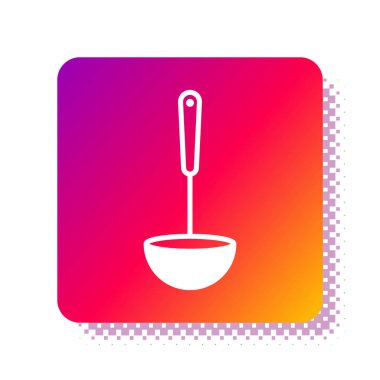 Beyaz Mutfak kepçesi simgesi beyaz arkaplanda izole edildi. Mutfak aletleri. Çatal kaşık tabelası. Kare renk düğmesi. Vektör İllüstrasyonu