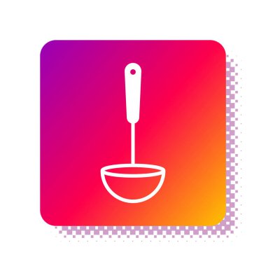 Beyaz Mutfak kepçesi simgesi beyaz arkaplanda izole edildi. Mutfak aletleri. Çatal kaşık tabelası. Kare renk düğmesi. Vektör İllüstrasyonu