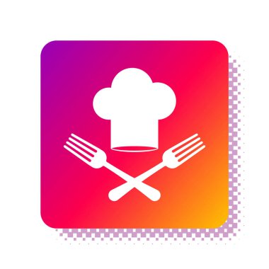 Beyaz Aşçı şapkası ve çapraz çatal simgesi beyaz arka planda izole edilmiş. Aşçılık sembolü. Restoran menüsü. Aşçı şapkası. Kare renk düğmesi. Vektör İllüstrasyonu