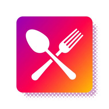 Beyaz arka planda beyaz çatal ve kaşık ikonu var. Mutfak aletleri. Çatal bıçak seti. Kare renk düğmesi. Vektör İllüstrasyonu