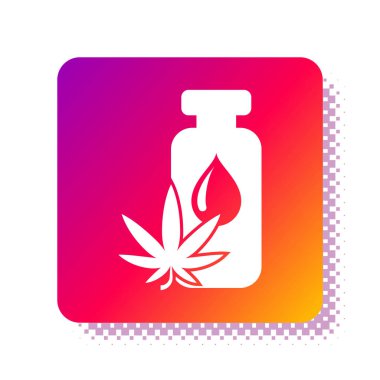 Beyaz arka planda izole edilmiş beyaz tıbbi marihuana veya kenevir yaprağı zeytinyağı damlası ikonu. Esrar özütü. Kenevir sembolü. Kare renk düğmesi. Vektör İllüstrasyonu