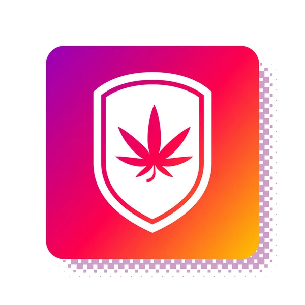 White Shield e icona di marijuana o foglie di cannabis isolata su sfondo bianco. Legalizzazione della marijuana. Simbolo di canapa. Pulsante di colore quadrato. Illustrazione vettoriale — Vettoriale Stock
