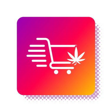 Beyaz arka planda marihuana ya da kenevir yaprağı ikonu olan beyaz alışveriş arabası. İnternetten satın alma. Teslimat servisi. Süpermarket sepeti. Kare renk düğmesi. Vektör İllüstrasyonu