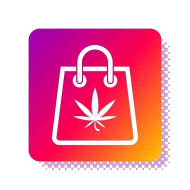 Beyaz arka planda izole edilmiş tıbbi marihuana ya da kenevir yaprağı ikonu dolu beyaz alışveriş torbası. Kenevir almak. Kenevir sembolü. Kare renk düğmesi. Vektör İllüstrasyonu