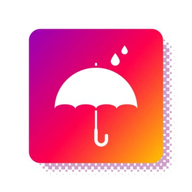 Beyaz Şemsiye ve yağmur damlaları beyaz arkaplanda izole edilmiş. Su geçirmez ikon. Koruma, güvenlik, güvenlik kavramı. Suya dayanıklı sembol. Kare renk düğmesi. Vektör İllüstrasyonu