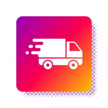 Beyaz kargo kamyonu hareket simgesinde beyaz arkaplanda izole edildi. Hızlı nakliye kamyonu. Kare renk düğmesi. Vektör İllüstrasyonu