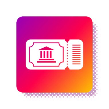 Beyaz Müze bileti ikonu beyaz arka planda izole edildi. Tarih müzesi bileti etkinliği sergi gezisini kabul ediyor. Kare renk düğmesi. Vektör İllüstrasyonu