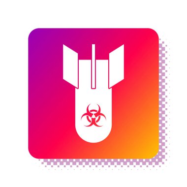 Beyaz arka planda beyaz Biyolojik Tehlike bombası ikonu izole edildi. Roket bombası düşüyor. Kare renk düğmesi. Vektör İllüstrasyonu