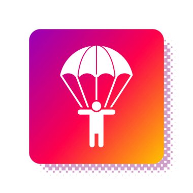 Beyaz Paraşüt ve siluet kişi simgesi beyaz arkaplanda izole edildi. Kare renk düğmesi. Vektör İllüstrasyonu