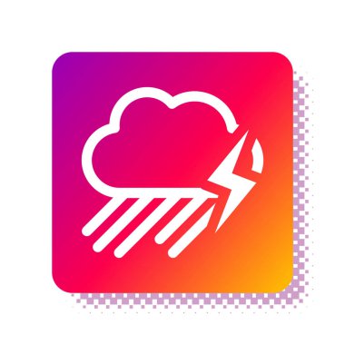 Beyaz zemin üzerinde yağmur ve şimşek simgesi olan beyaz bulut. Yağmur damlalı yağmur bulutu yağışı. Fırtına ikonu. Kare renk düğmesi. Vektör İllüstrasyonu