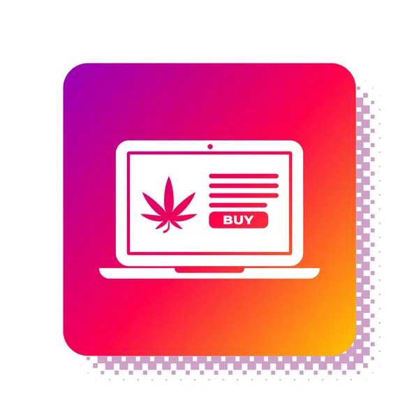 White Laptop y marihuana medicinal o icono de la hoja de cannabis aislado sobre fondo blanco. Símbolo de compra online. Cesta del supermercado. Botón de color cuadrado. Ilustración vectorial — Archivo Imágenes Vectoriales