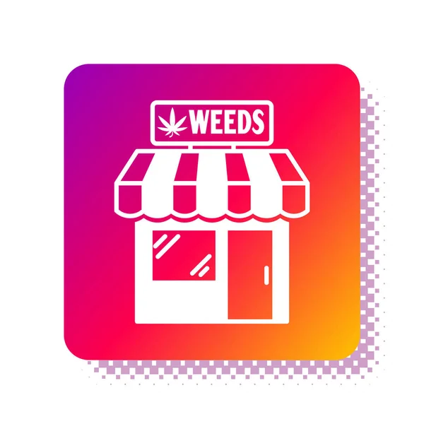 Icône blanche du magasin de marijuana et cannabis isolée sur fond blanc. Équipement et accessoires pour fumer, stockage du cannabis médical. Bouton carré de couleur. Illustration vectorielle — Image vectorielle