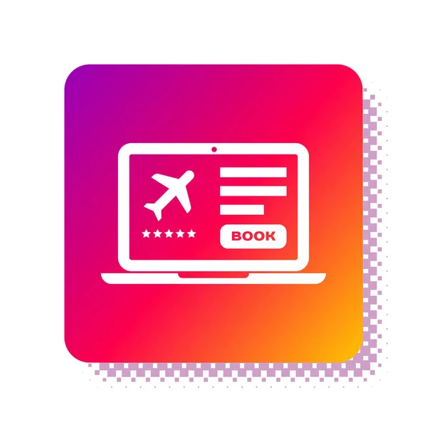 Weißer Laptop mit elektronischem Bordkartensymbol auf weißem Hintergrund. Handyticket für das Passagierflugzeug für Web und App. quadratische Farbtaste. Vektorillustration — Stockvektor