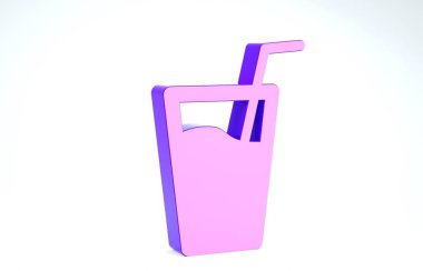 Beyaz arka planda izole edilmiş içme ikonu için su ve tüp ile mor cam. Soda bardağı. 3d illüstrasyon 3d canlandırma