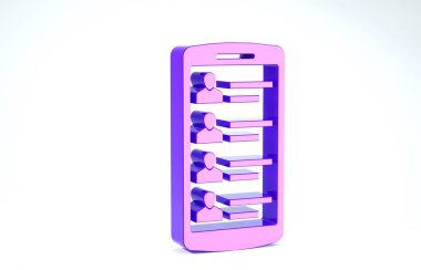 Beyaz arkaplanda izole edilmiş ekran simgesine sahip mor akıllı telefon. Gelen arama. Telefon ekranındaki insanlar. Bağlantı kur. 3d illüstrasyon 3d canlandırma