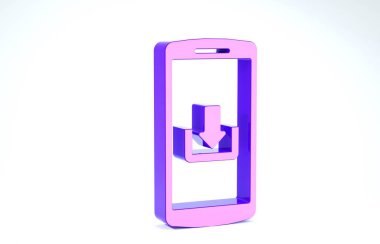 Beyaz arkaplanda indirme simgesine sahip mor akıllı telefon. 3d illüstrasyon 3d canlandırma