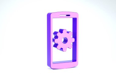 Akıllı telefon simgesinde mor ayar beyaz arkaplanda izole edildi. Cep telefonu ve teçhizat. Ayarlama, servis, ayar, bakım, onarım, onarım. 3d illüstrasyon 3d canlandırma
