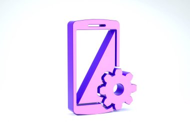 Akıllı telefon simgesinde mor ayar beyaz arkaplanda izole edildi. Cep telefonu ve teçhizat. Ayarlama, servis, ayar, bakım, onarım, onarım. 3d illüstrasyon 3d canlandırma