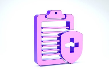 Sağlık sigortası ikonu olan mor pano beyaz arka planda izole edilmiş. Hasta koruması. Haçlı pano ve kalkan. 3d illüstrasyon 3d canlandırma