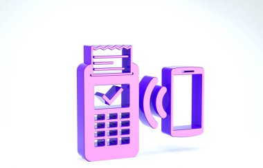 Yazılı tarifi olan mor noktalı terminal ve ödemeyi beyaz arkaplanda izole akıllı telefon simgesi ile doğruladı. NFC ödeme konsepti. 3d illüstrasyon 3d canlandırma