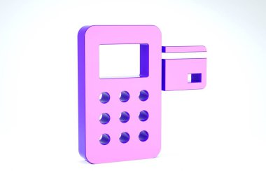 Beyaz arkaplanda izole edilmiş, eklenmiş kredi kartı simgesi olan mor Pos terminali. Ödeme terminali işlemi. 3d illüstrasyon 3d canlandırma