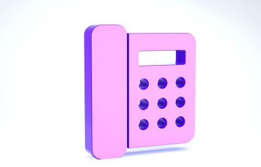 Mor Telefon simgesi beyaz arkaplanda izole edildi. Sabit telefon. 3d illüstrasyon 3d canlandırma