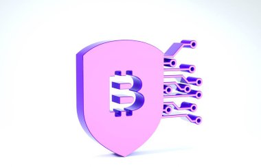 Beyaz zemin üzerinde bitcoin simgesi olan mor bir kalkan. Kripto para madenciliği, engelleme teknolojisi, güvenlik, koruma, dijital para. 3d illüstrasyon 3d canlandırma