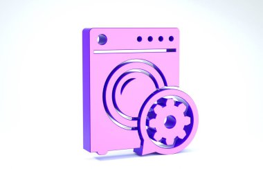Mor çamaşır makinesi ve vites simgesi beyaz arka planda izole edilmiş. Uygulama, servis konsepti, ayar seçenekleri, bakım, onarım, onarım. 3d illüstrasyon 3d canlandırma