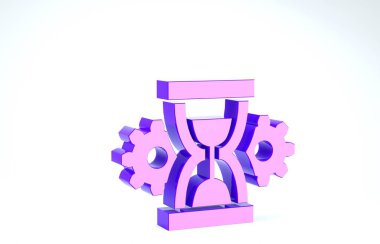Mor Kum Saati ve dişli simgesi beyaz arka planda izole edildi. Zaman Yönetimi sembolü. Saat ve vites simgesi. Üretkenlik sembolü. 3d illüstrasyon 3d canlandırma
