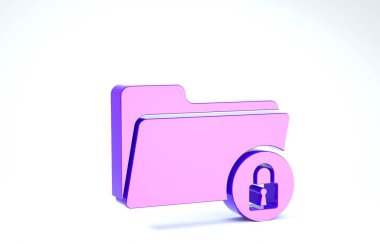 Mor Dizin ve kilit simgesi beyaz arkaplanda izole edildi. Kapalı dosya ve asma kilit. Güvenlik, güvenlik, koruma kavramı. 3d illüstrasyon 3d canlandırma