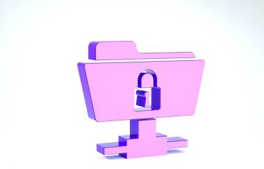 Mor Ftp dizini ve kilit simgesi beyaz arkaplanda izole edildi. Yazılım güncellemesi konsepti, ftp transfer protokolü. Güvenlik, güvenlik, koruma kavramı. 3d illüstrasyon 3d canlandırma