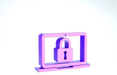 Mor dizüstü bilgisayar ve kilit simgesi beyaz arkaplanda izole edildi. Bilgisayar ve asma kilit. Güvenlik, güvenlik, koruma kavramı. Güvenli bir ağ. 3d illüstrasyon 3d canlandırma