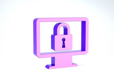Bilgisayar ekranındaki Mor Kilit simgesi beyaz arkaplanda izole edildi. Monitör ve asma kilit. Güvenlik, güvenlik, koruma kavramı. Güvenli bir ağ. 3d illüstrasyon 3d canlandırma