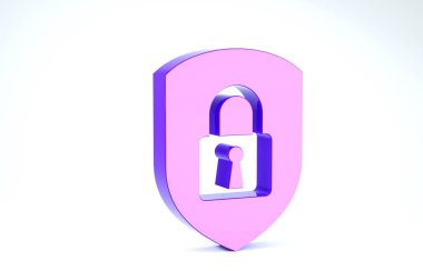 Beyaz arka planda kilit simgesi olan Mor Kalkan güvenliği. Koruma, güvenlik, şifre güvenliği. Güvenlik duvarı gizlilik levhası. 3d illüstrasyon 3d canlandırma