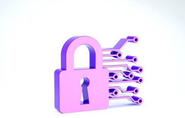 Mor Siber güvenlik simgesi beyaz arka planda izole edildi. Dijital devre kartında kapalı asma kilit. Güvenlik kavramı. Dijital veri koruması. 3d illüstrasyon 3d canlandırma