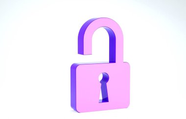 Mor Açık asma kilit simgesi beyaz arkaplanda izole edildi. Kilit açık işareti. Siber güvenlik kavramı. Dijital veri koruması. Güvenlik kilidi. 3d illüstrasyon 3d canlandırma