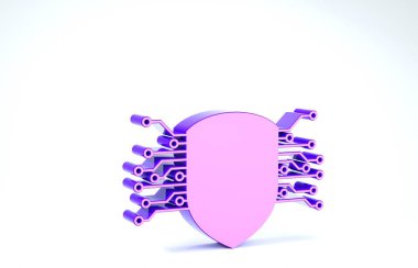 Mor Siber güvenlik simgesi beyaz arka planda izole edildi. Kalkan işareti. Güvenlik kavramı. Dijital veri koruması. 3d illüstrasyon 3d canlandırma