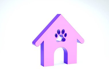 Mor Köpek Evi ve beyaz arka planda izole edilmiş pati izi ikonu. Köpek kulübesi. 3d illüstrasyon 3d canlandırma